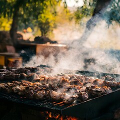Argentinian asado barbecue on an open fire grill, sizzling meats, smoke rising, outdoor setting, cinematic