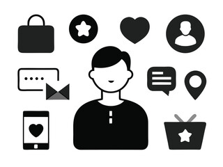 Icons of ECommerce Elements with User Avatar, Messaging, Shopping Bag and Star Ratings