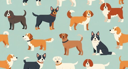 Adorable Cartoon Dog Breeds Seamless Pattern: Happy Puppy Illustration, Pastel Background, Pet Theme