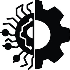 Split Half Gear Mechanical, Half Circuit Board Technology Concept Design Black and White