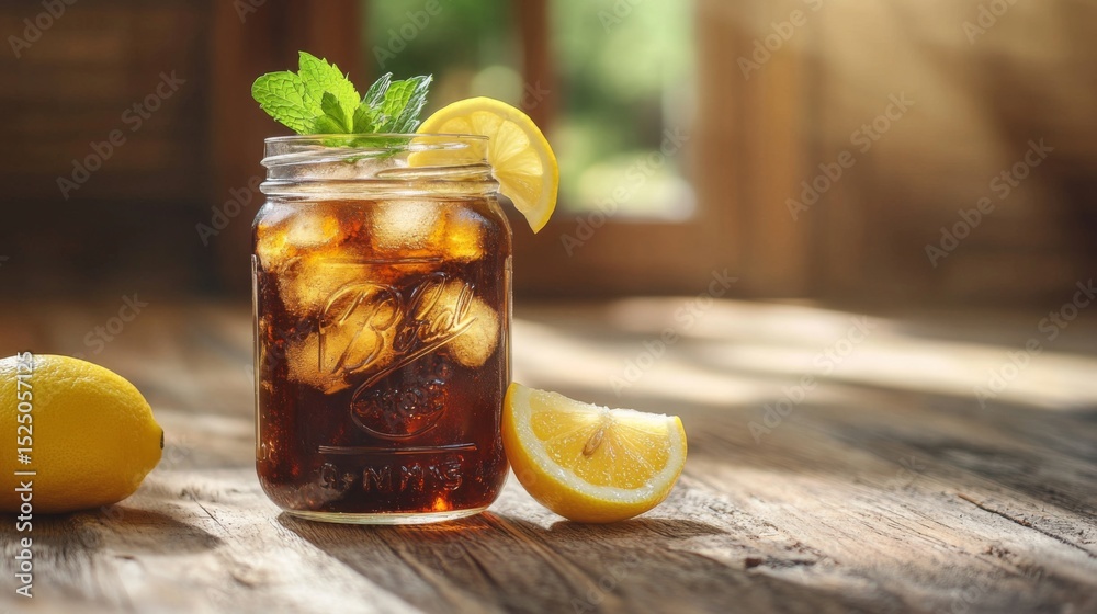 Poster a refreshing soda served in a mason jar with ice, topped with a lemon slice and mint, sitting on a r