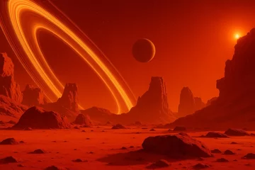Selbstklebende Fototapeten Alien Planet Landscape Red Desert Rocky Mountains Rings Sun Distant Planet Fantasy Space Scene Digital Art Illustration Sci Fi Artwork Imaginative Worlds Cosmic Background Surreal Astronomy Universe   © Jony