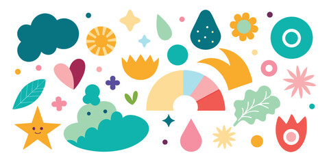 Fototapeta premium Colorful Flat Design Illustration Featuring Cloud, Sun, Heart, Flower, Leaf, Star, and Rainbow Shapes