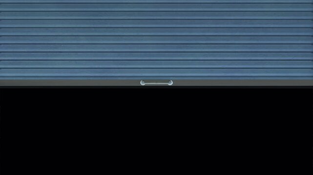 Blue industrial storage door closed flat view.
Animation of blue metal roller shutter door in an industrial or commercial setting with alpha mask included.