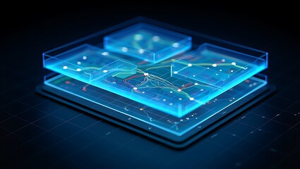 3D Holographic Smart Infrastructure Map with Glowing Layers and Data Connectivity Points