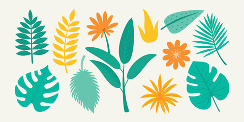Fototapeta premium Colorful Assortment of Illustrated Tropical Leaves and Flowers with Orange, Teal, and Yellow Tones