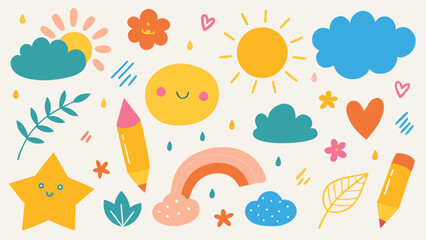 Playful Doodle Pattern Sun, Clouds, Rainbow, Stars, Pencils, Hearts, Flowers, Leaves, Raindrops on Light Beige Backdrop