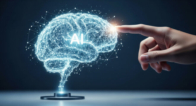 Human hand touching glowing AI brain. Symbolic machine learning, futuristic technology, artificial intelligence network for business analysis, innovation, mind connection, digital concept.