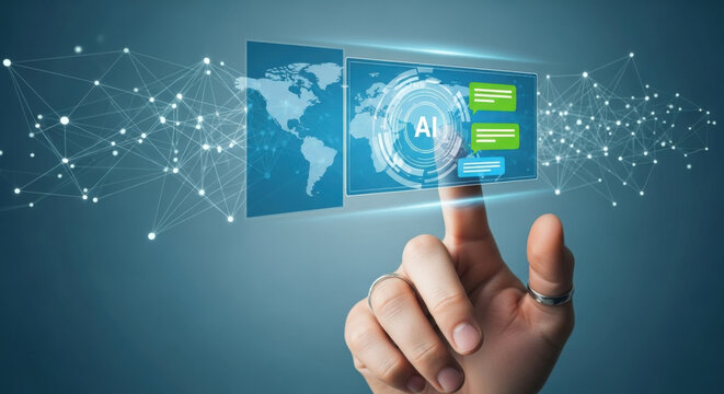 AI Chatbot. Hand touching digital screen. Global information network. Data access. Artificial intelligence. Future technology. Robot application. Online world connection. Innovation concept.