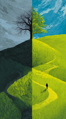 Split image showing contrasting landscapes: dark, leafless tree on a grey hill, and lush green hill with a leafy tree and person walking a path, symbolizing life choices and transitions