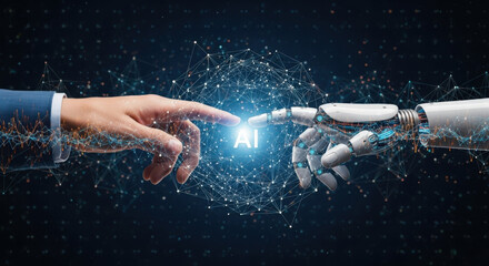 AI concept: Robot and human hands connect over luminous big data network. Symbolizing science, artificial intelligence, technological innovation, and futuristic human-machine collaboration.
