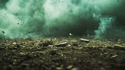 Dramatic bullet casings on ground with rising dust and smoke