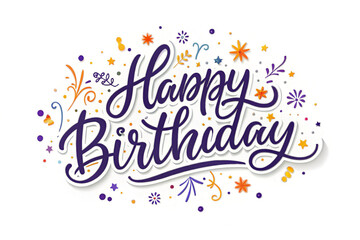 Festive "Happy Birthday" lettering with colorful confetti, stars, and stylized floral elements on a white background; a celebratory design