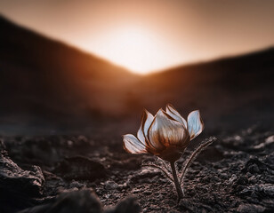 Destructed post apocalyptic nature with an unknown mutated flower