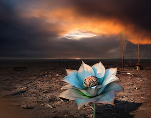 Destructed post apocalyptic nature with an unknown mutated flower