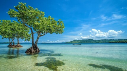 A serene coastal view of mangrove trees standing tall in shallow water, with a backdrop of distant hills and a clear blue sky, showcasing nature's beauty