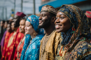 Smiling diverse people in vibrant traditional clothing, showcasing cultural unity and diversity