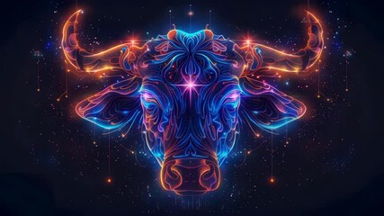 An eye-catching electric blue bull design featuring vibrant neon colors and captivating strobe effects, perfect for modern art enthusiasts or decorative purposes. - Powered by Adobe