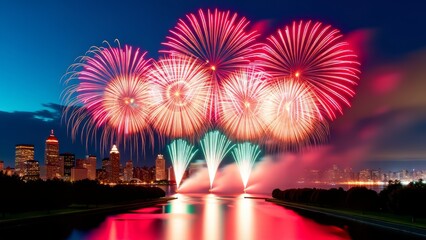 Fireworks display over city skyline at night