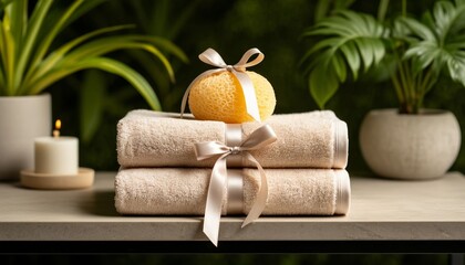 Loofah sponge on clean sink with spa accessories on a table in a serene environment  