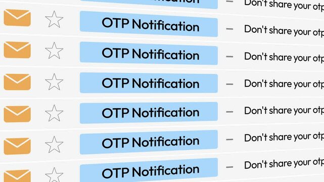 Email OTP Notifications scrolling on the screen, 4k animation. One-time passcode mail, secure, futuristic, tech