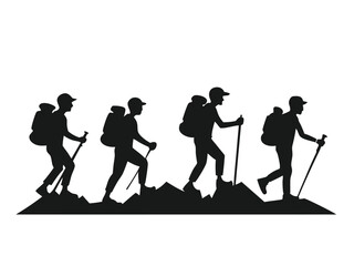 Silhouette of Four Hikers Trekking on a Mountain Ridge with Pine Trees Above