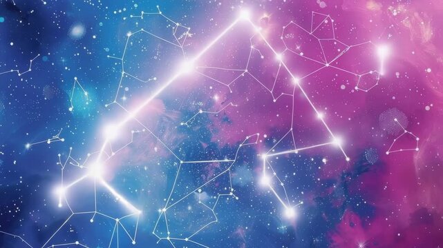 A stunning digital artwork featuring a vibrant pink and blue sky filled with stars and constellations, perfect for cosmic themes and artistic projects.