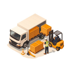 Efficient Orange Delivery Truck Loading Process with Forklift and Workers