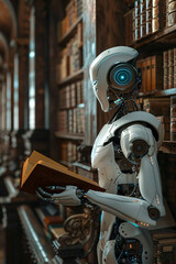 Fototapeta premium Futuristic White Humanoid Robot Reading a Book in a Classic Wooden Library with Tall Bookshelves 