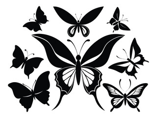 Fototapeta premium Elegant Black Butterfly Silhouettes Illustration Featuring Various Wing Designs Against a White Background