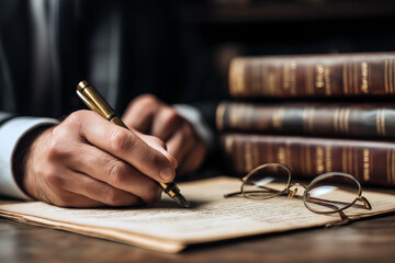Close-up of hands writing legal notes with law code books and eyeglasses on the desk, shallow depth of field.