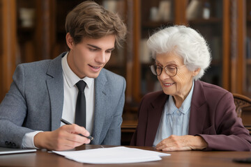 Young attorney explaining legal documents to an elderly client, friendly and professional interaction.