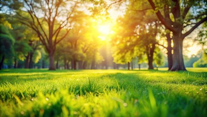 Fototapeta premium Sunny park landscape with lush green grass and trees at sunset
