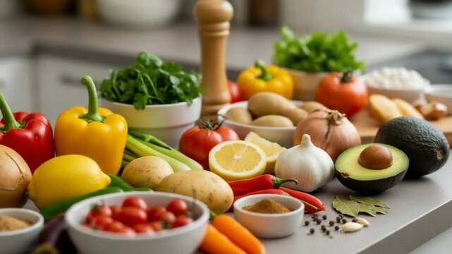 Fresh vegetables and herbs arranged on kitchen countertop for cooking  