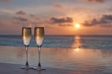 Two Champagne Flutes by Infinity Pool at Sunset Over the edge