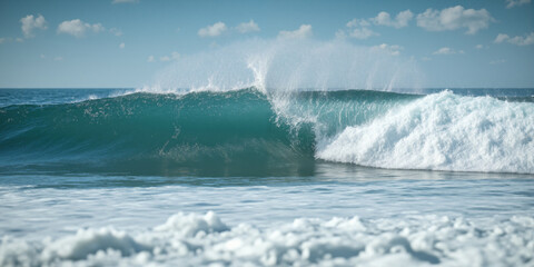 Fototapeta premium Digital Wave Simulation Photorealistic 3D rendering of perfect ocean wave captured at the precise moment of breaking, showing transparent teal