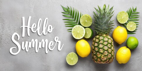 Hello Summer Text with Pineapple, Lemons and Limes