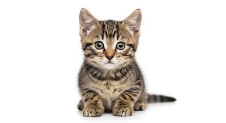 Obraz premium A small tabby kitten sitting upright on a white surface looking directly at the camera with big eyes