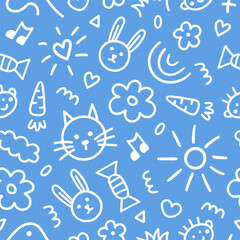 Seamless pattern of cute kids elements. Hand drawn fun childish print. Blue and white colors. Vector line illustration	