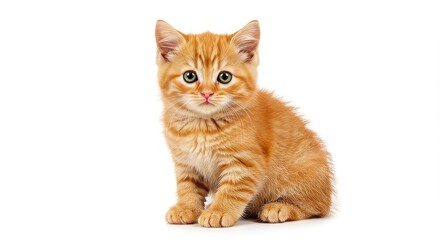 Obraz premium A small orange tabby kitten sitting and looking directly at the camera on a white background