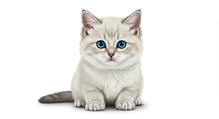 Fototapeta premium A fluffy white kitten with striking blue eyes sitting on a white background looking at the viewer