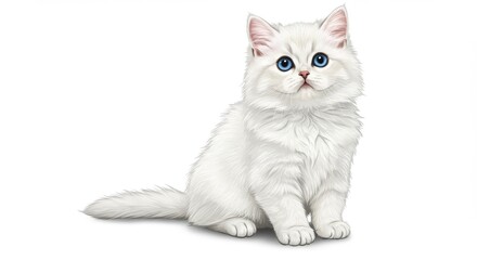 Obraz premium An illustration of a white cat with blue eyes sitting on a white background looking at the viewer