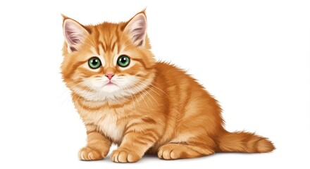 Obraz premium A charming ginger kitten with captivating green eyes sits against a white background looking adorable