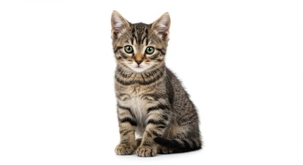 Obraz premium A tabby kitten sitting upright with green eyes and a curious expression on a white background in studio light