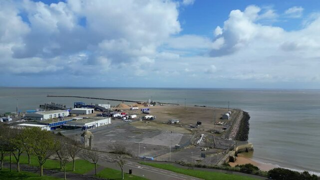 Aerial View of British Tourist Attraction at Ramsgate Sea View Beach and Ocean at West Cliffs, England UK
