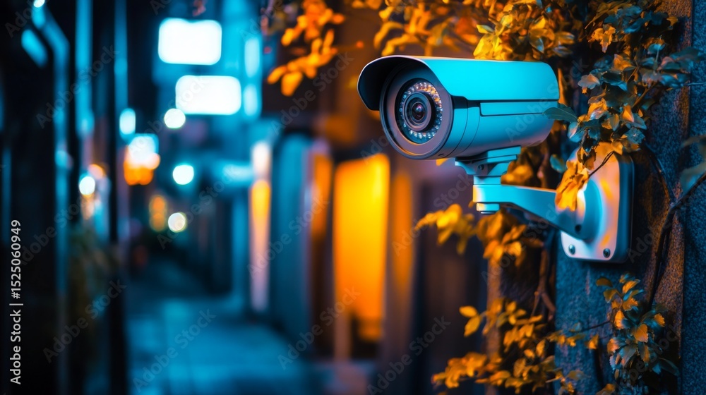 Poster a stunning shot of a high-tech cctv camera with infrared capabilities, set against a backdrop of a d