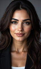 Fototapeta premium Middle Eastern Female Aligned Influence Middle Eastern woman, 45s, integrity-centered leadership attire, catalyzing authentic change, congruent expression.