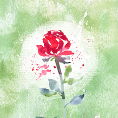Beautiful watercolor red rosebud on a textured green background, hand-drawn illustration. Sticker, postcard, sketch, watercolor flower, rose