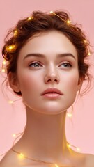 Obraz premium Dreamy Young Woman With Glowing Lights In Hair Against A Soft Pink Background