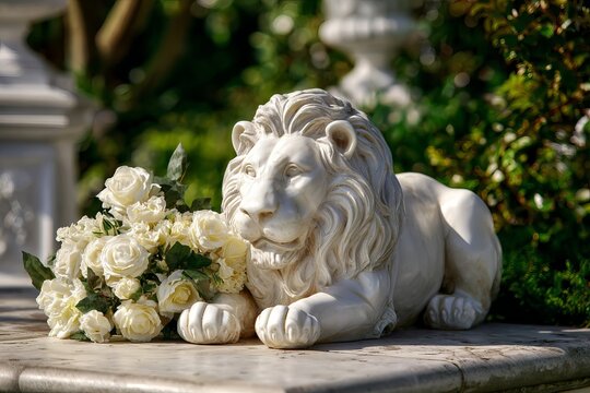 White Marble Lion Statue and Rose Bouquet in a Garden